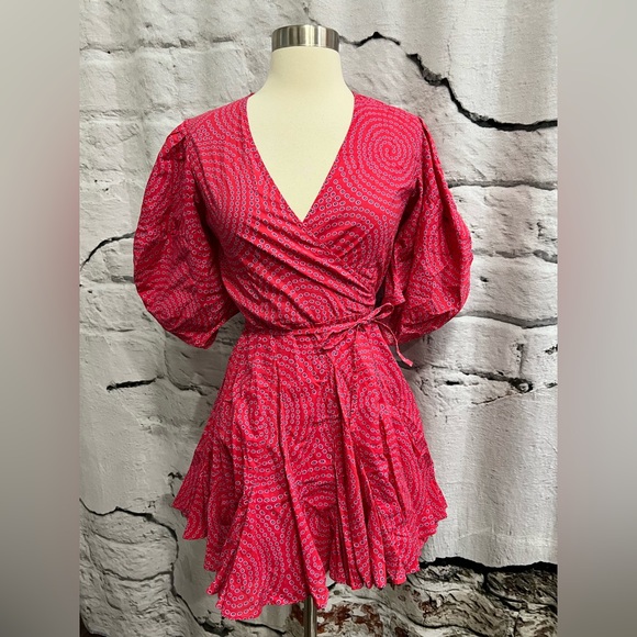 RHODE‎ Rosie Puff Sleeve Wrap Dress Puffed Sleeve Tie Waistline Tribal Print - Picture 6 of 11